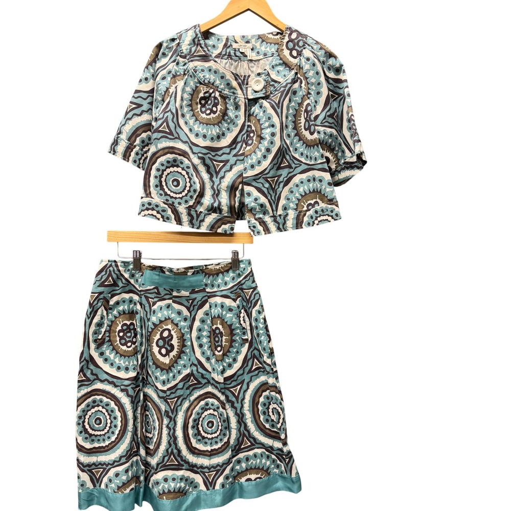 Tyler Boe Midi Skirt Set Cropped Jacket Womens 8 Coastal Medallion Print Blue